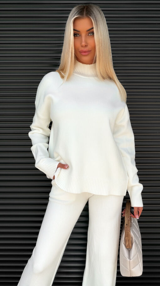 Idealny jesienny komplet dzianinowy ECRU sweter + spodnie ONE SIZE - S463A