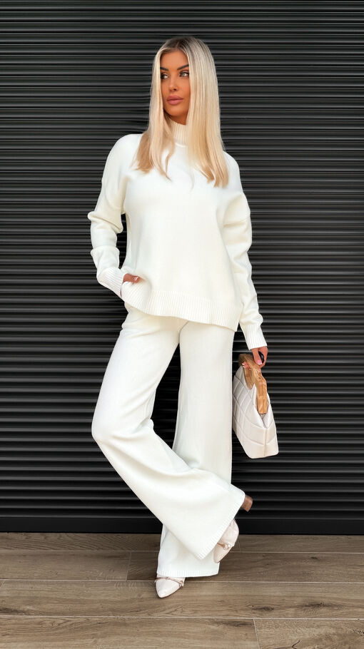 Idealny jesienny komplet dzianinowy ECRU sweter + spodnie ONE SIZE - S463A