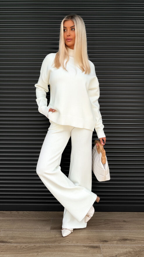 Idealny jesienny komplet dzianinowy ECRU sweter + spodnie ONE SIZE - S463A