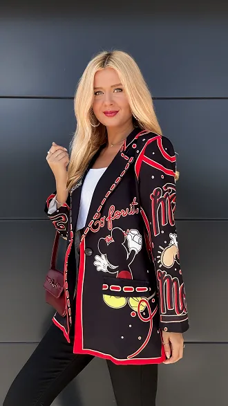Świetna czarna marynarka z bajkowym motywem OVERSIZE - R024