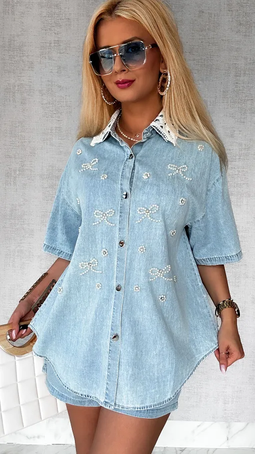 Miękki komplet jeansowy zdobiony kokardkami z perełek ONE SIZE - P764