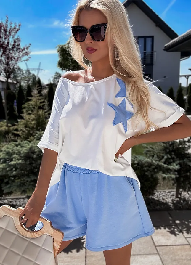 Letni komplet w sportowym stylu biała bluzka z gwiazdkami + niebieskie spodenki BAWEŁNIANY - N253