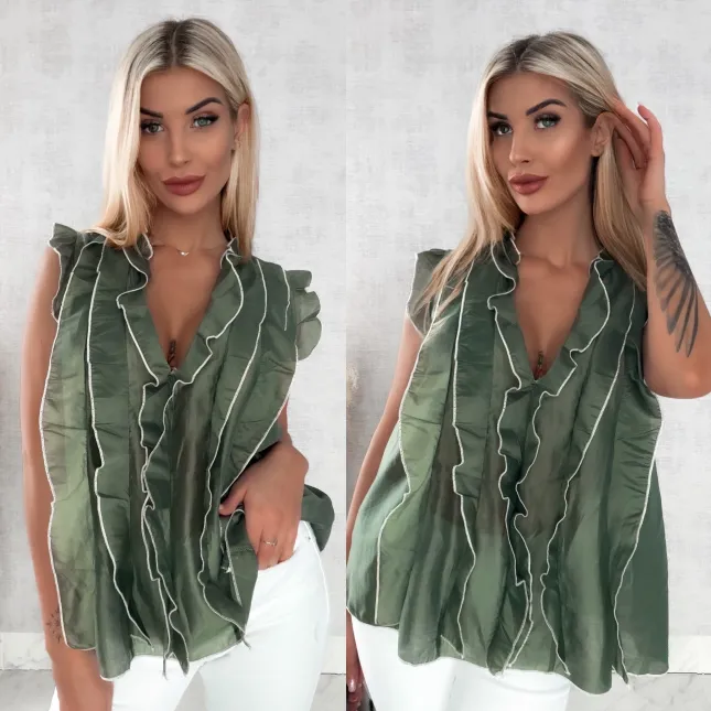 Jedwabna luźna bluzka w kolorze khaki ONE SIZE - R458