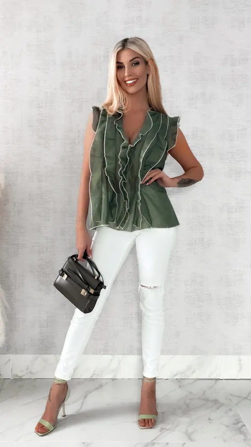 Jedwabna luźna bluzka w kolorze khaki ONE SIZE - R458