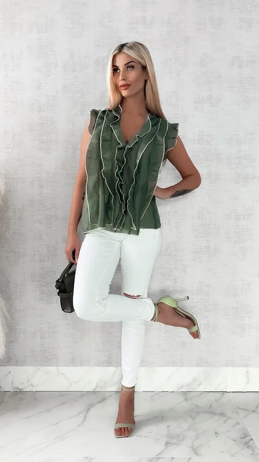 Jedwabna luźna bluzka w kolorze khaki ONE SIZE - R458