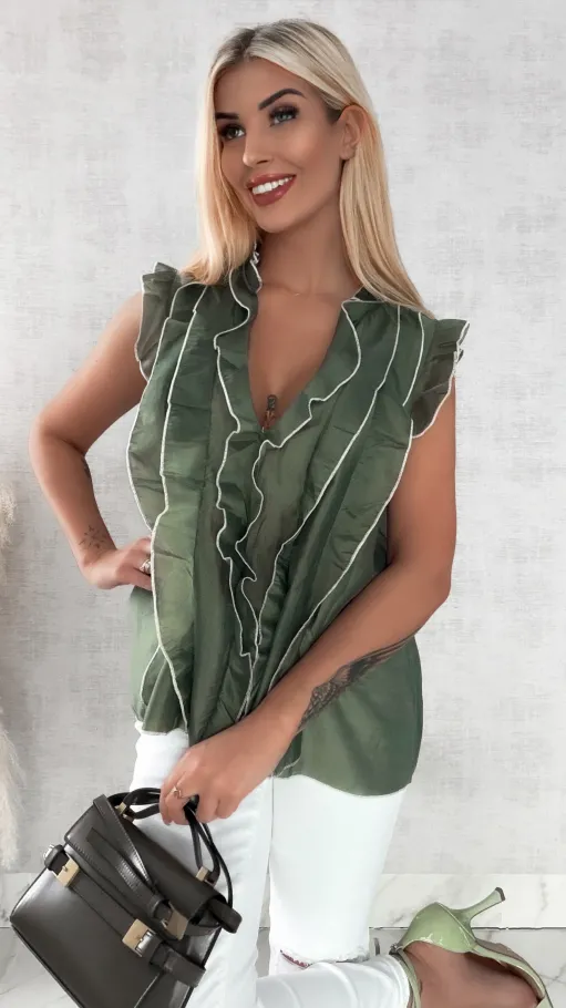 Jedwabna luźna bluzka w kolorze khaki ONE SIZE - R458