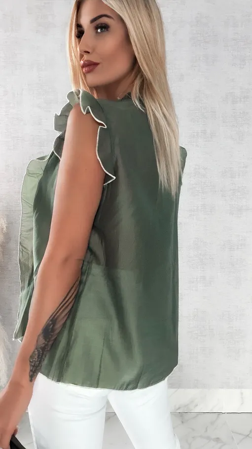 Jedwabna luźna bluzka w kolorze khaki ONE SIZE - R458