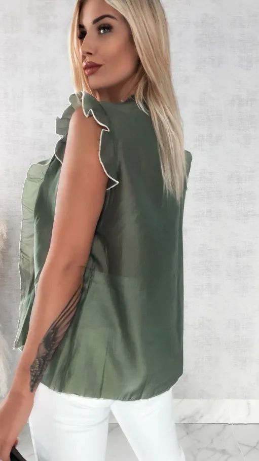 Jedwabna luźna bluzka w kolorze khaki ONE SIZE - R458