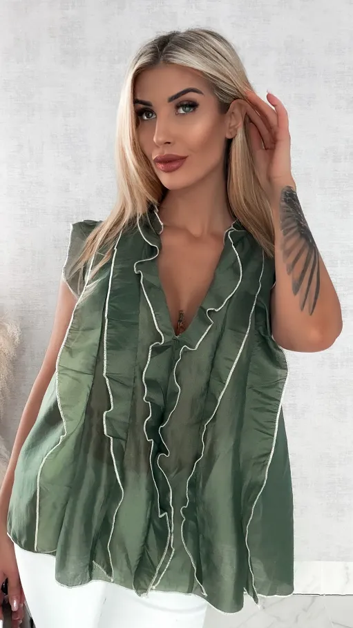 Jedwabna luźna bluzka w kolorze khaki ONE SIZE - R458