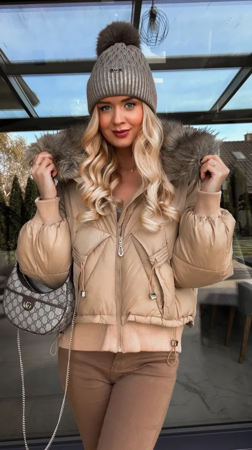 Kurtka na zimę z odpinanym futerkiem BEŻOWA - R223A