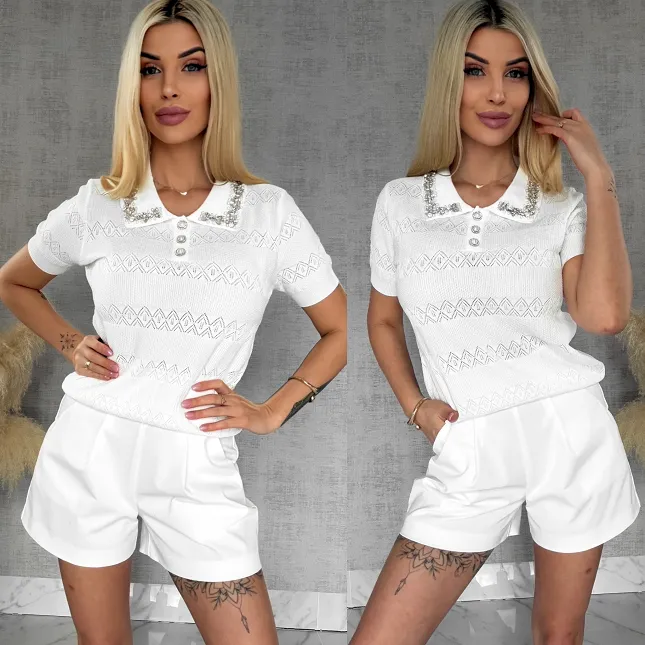 Idealna biała bluzka z wiskozy z ozdobnym kołnierzykiem ONE SIZE - R851