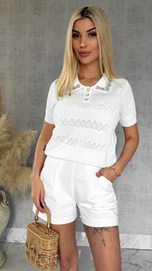 Idealna biała bluzka z wiskozy z ozdobnym kołnierzykiem ONE SIZE - R851