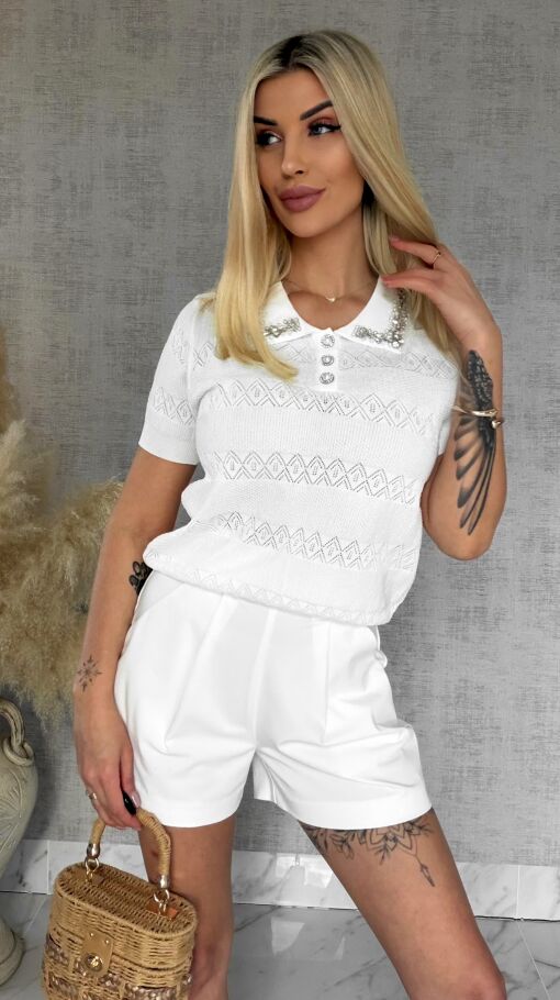 Idealna biała bluzka z wiskozy z ozdobnym kołnierzykiem ONE SIZE - R851