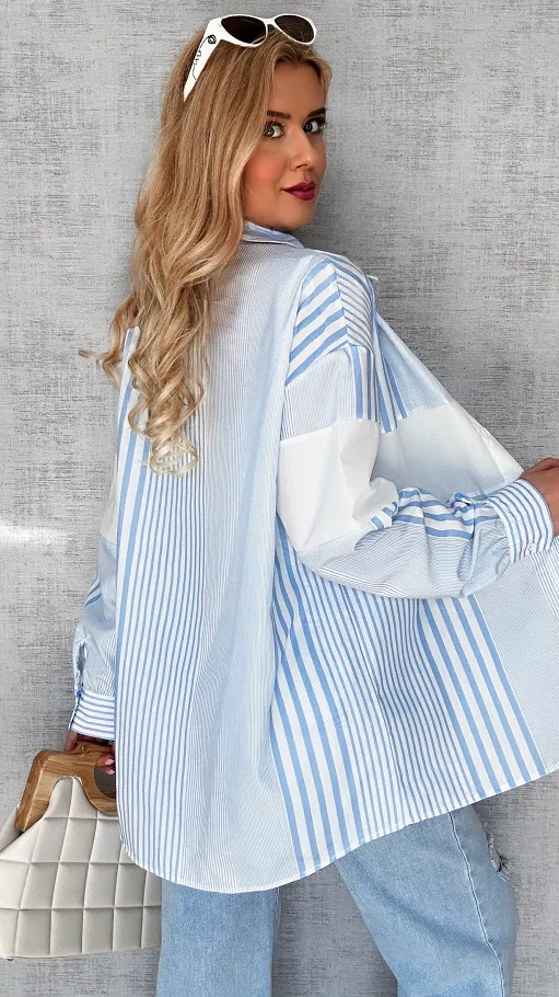 Świetna asymetryczna koszula w niebieskie paski ONE SIZE - P620