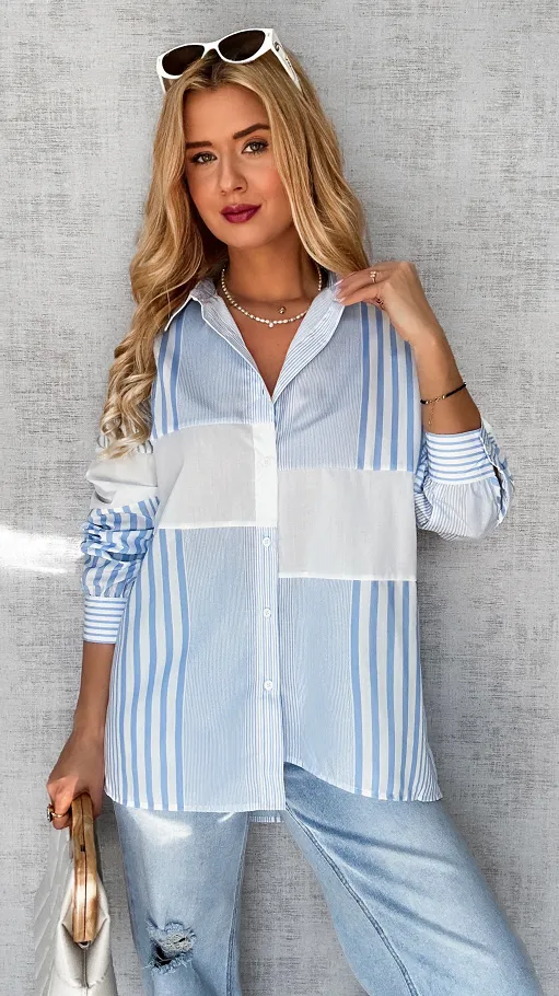 Świetna asymetryczna koszula w niebieskie paski ONE SIZE - P620
