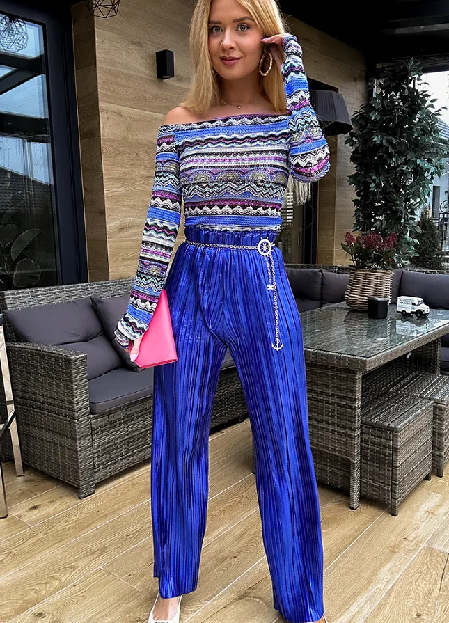 Luźne plisowane spodnie na gumce SZAFIROWE - M681A