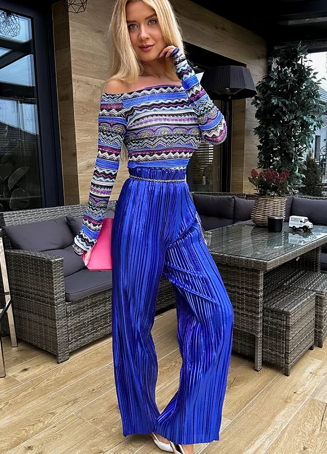 Luźne plisowane spodnie na gumce SZAFIROWE - M681A