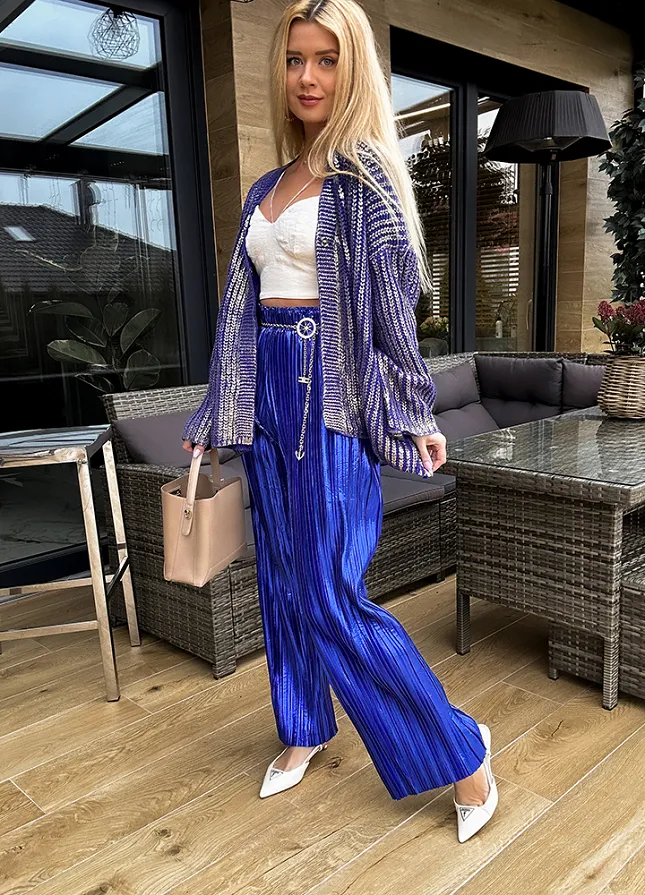 Luźne plisowane spodnie na gumce SZAFIROWE - M681A