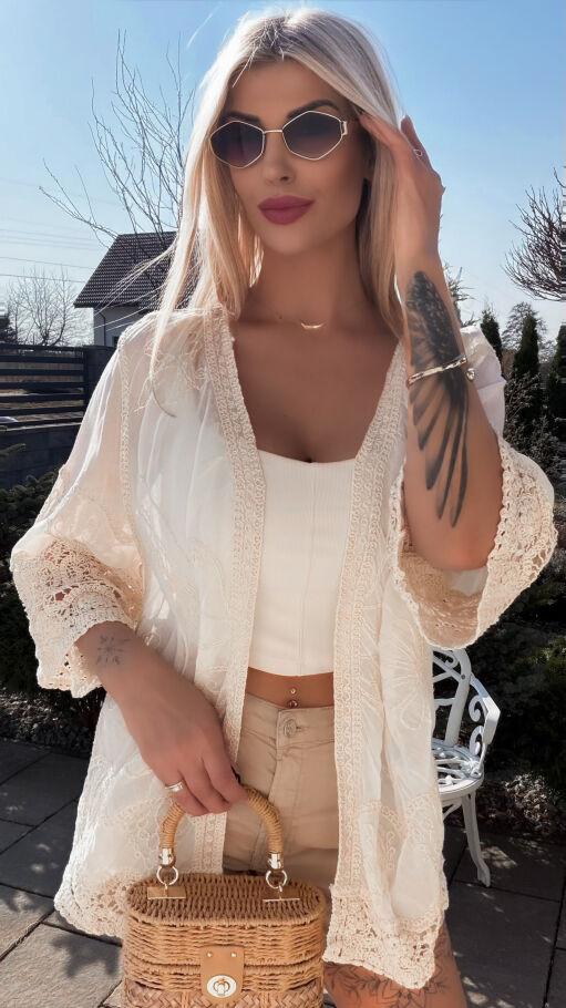 Bawełniana lekka narzutka BOHO w jasno beżowym kolorze ONE SIZE - R749A