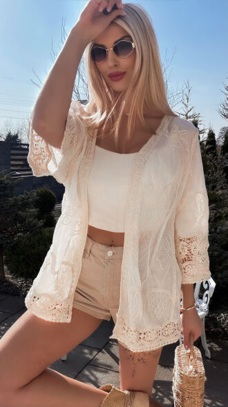 Bawełniana lekka narzutka BOHO w jasno beżowym kolorze ONE SIZE - R749A