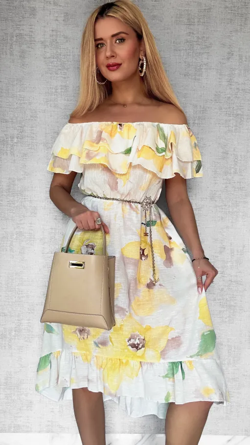 Asymetryczna LNIANA sukienka hiszpanka w żółte kwiaty - P732