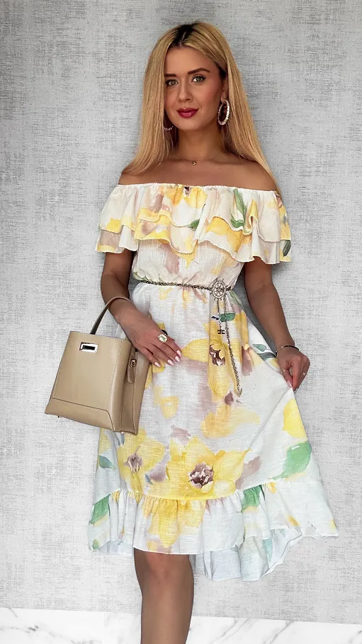 Asymetryczna LNIANA sukienka hiszpanka w żółte kwiaty - P732