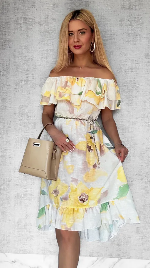 Asymetryczna LNIANA sukienka hiszpanka w żółte kwiaty - P732