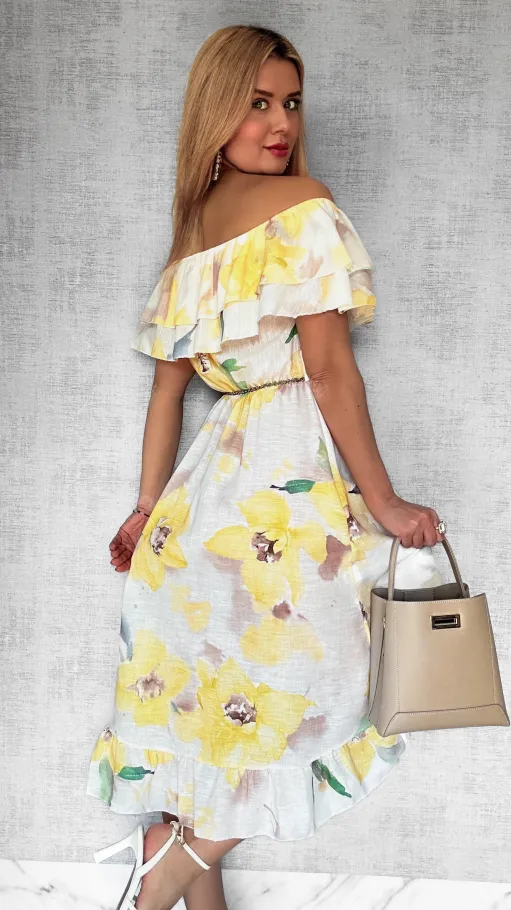 Asymetryczna LNIANA sukienka hiszpanka w żółte kwiaty - P732