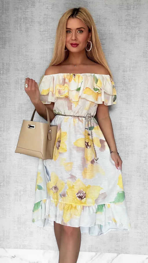 Asymetryczna LNIANA sukienka hiszpanka w żółte kwiaty - P732