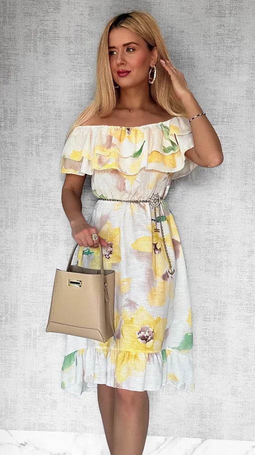 Asymetryczna LNIANA sukienka hiszpanka w żółte kwiaty - P732