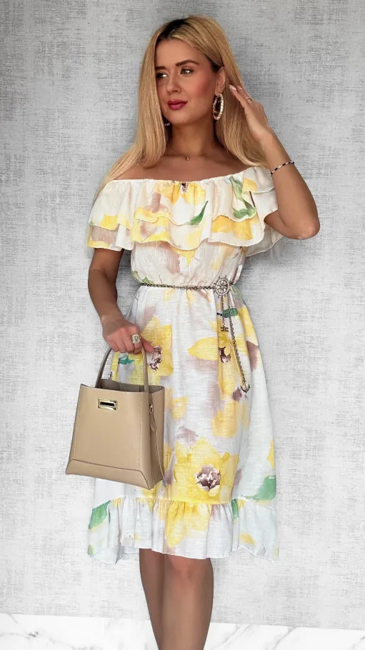 Asymetryczna LNIANA sukienka hiszpanka w żółte kwiaty - P732