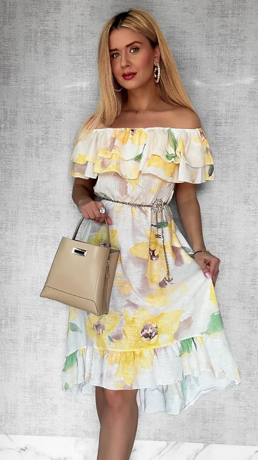 Asymetryczna LNIANA sukienka hiszpanka w żółte kwiaty - P732
