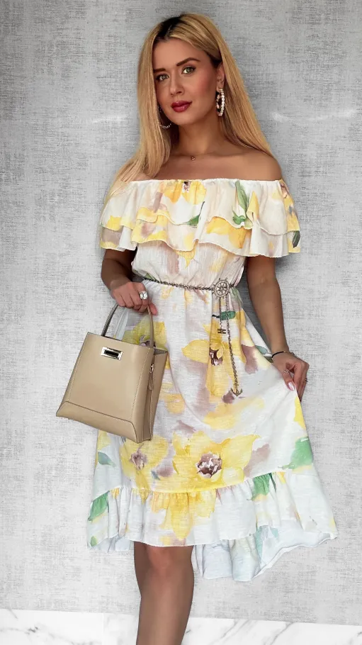 Asymetryczna LNIANA sukienka hiszpanka w żółte kwiaty - P732