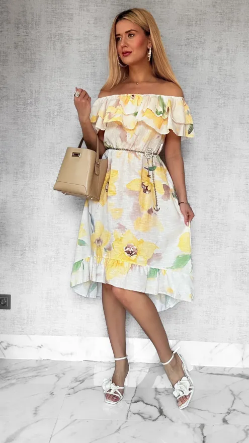 Asymetryczna LNIANA sukienka hiszpanka w żółte kwiaty - P732