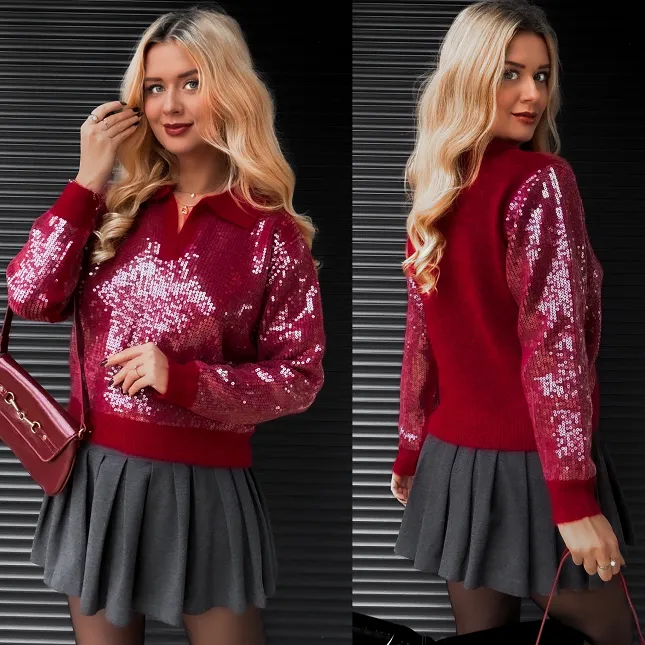 Bordowy sweter z kołnierzykiem zdobiony cekinami ONE SIZE - R406A