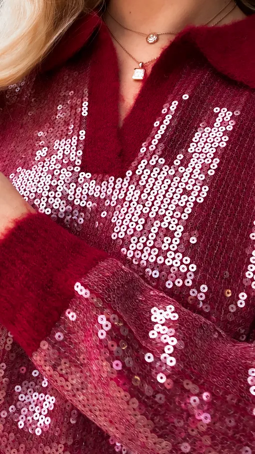 Bordowy sweter z kołnierzykiem zdobiony cekinami ONE SIZE - R406A