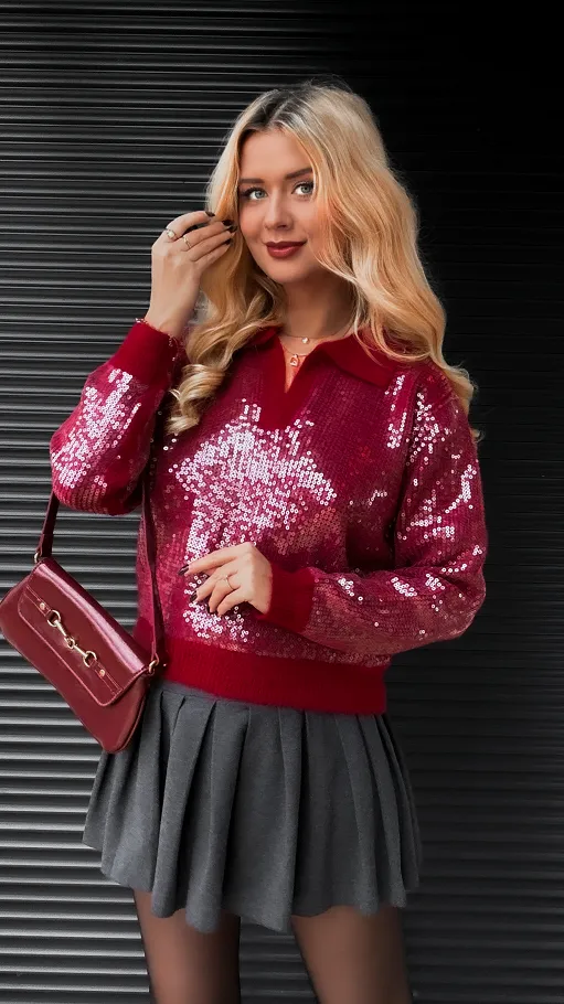 Bordowy sweter z kołnierzykiem zdobiony cekinami ONE SIZE - R406A