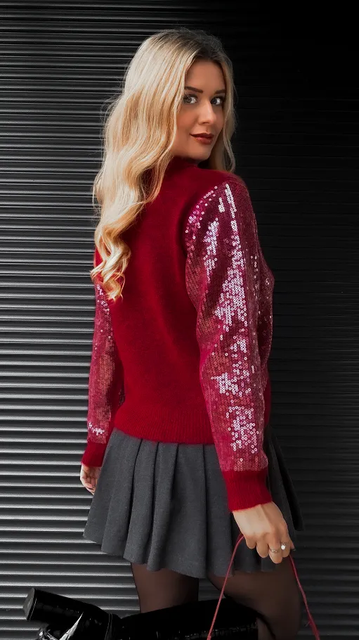 Bordowy sweter z kołnierzykiem zdobiony cekinami ONE SIZE - R406A