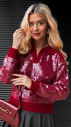 Bordowy sweter z kołnierzykiem zdobiony cekinami ONE SIZE - R406A