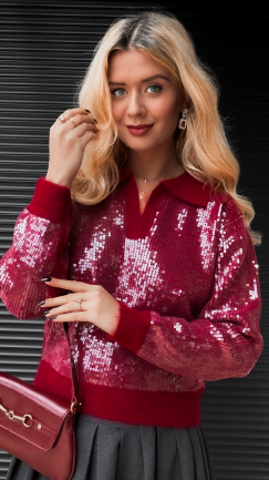 Bordowy sweter z kołnierzykiem zdobiony cekinami ONE SIZE - R406A