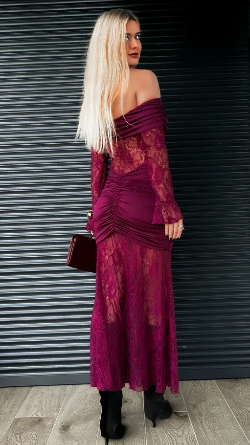 Koronkowa maxi sukienka w stylu hiszpanka BORDOWA - R269A