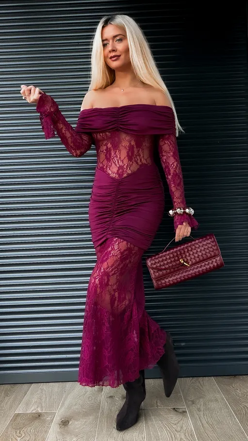 Koronkowa maxi sukienka w stylu hiszpanka BORDOWA - R269A