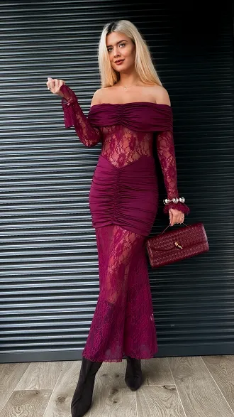 Koronkowa maxi sukienka w stylu hiszpanka BORDOWA - R269A