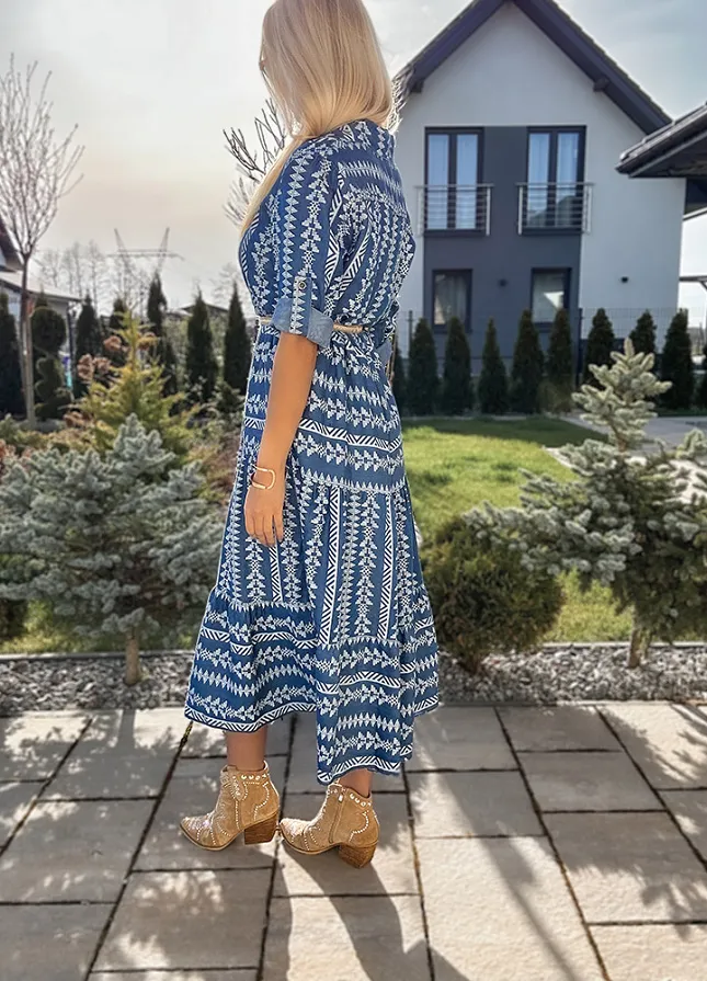 Jeansowa miękka MAXI sukienka z białym printem - N003