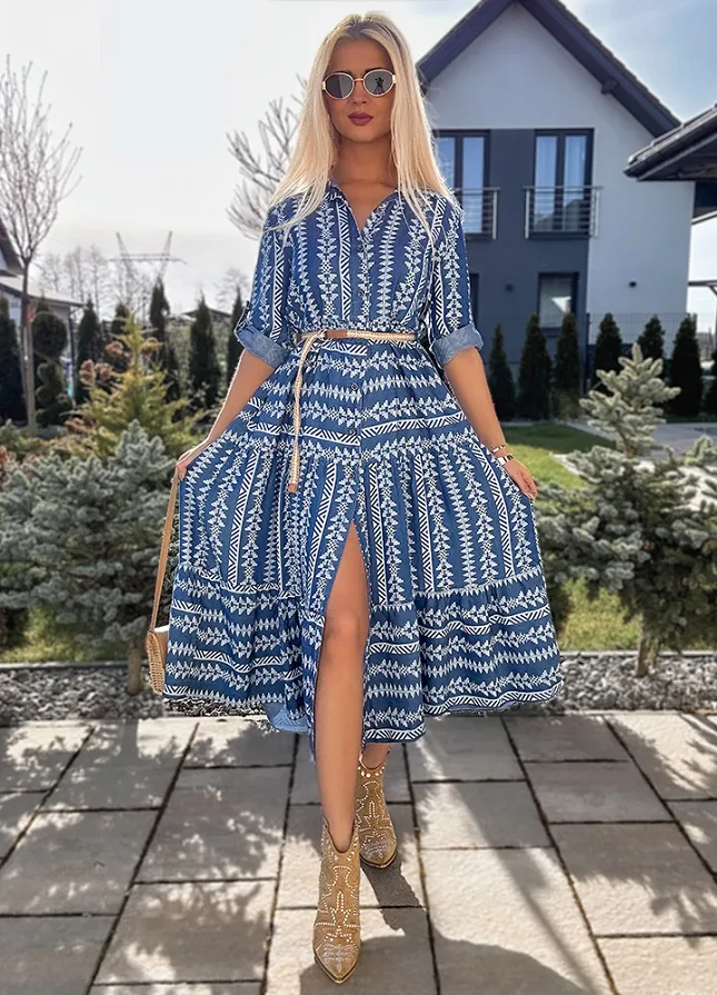 Jeansowa miękka MAXI sukienka z białym printem - N003