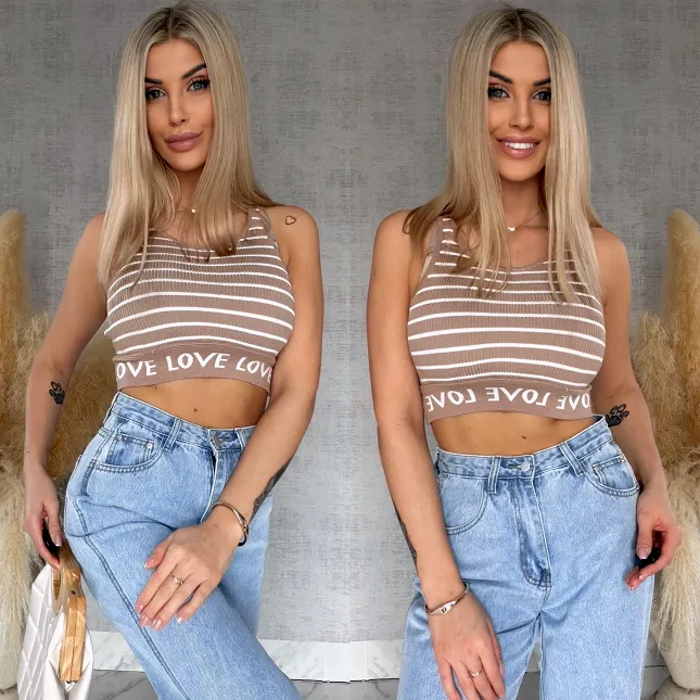 Elastyczny sportowy TOP w paski z wiskozy BEŻOWY - R759A