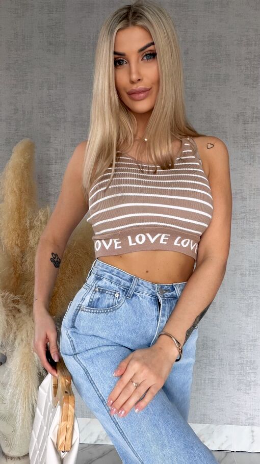 Elastyczny sportowy TOP w paski z wiskozy BEŻOWY - R759A