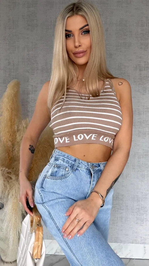 Elastyczny sportowy TOP w paski z wiskozy BEŻOWY - R759A