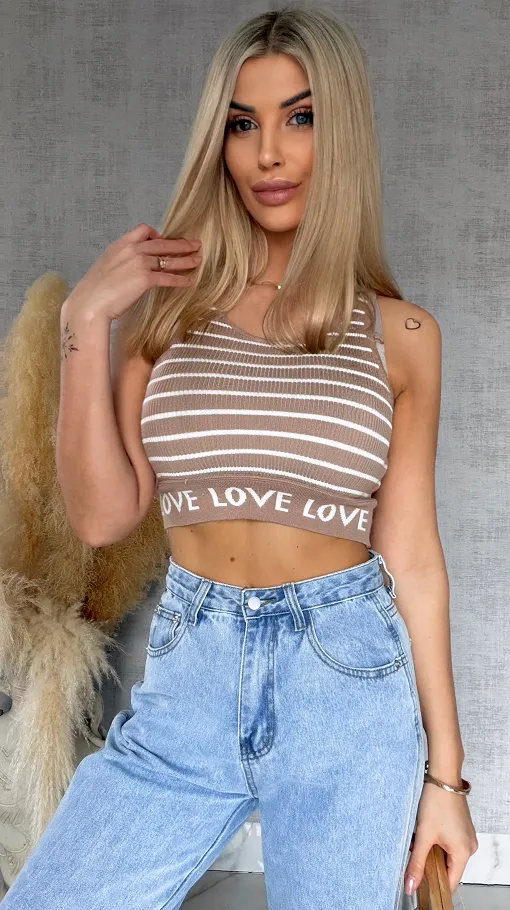 Elastyczny sportowy TOP w paski z wiskozy BEŻOWY - R759A