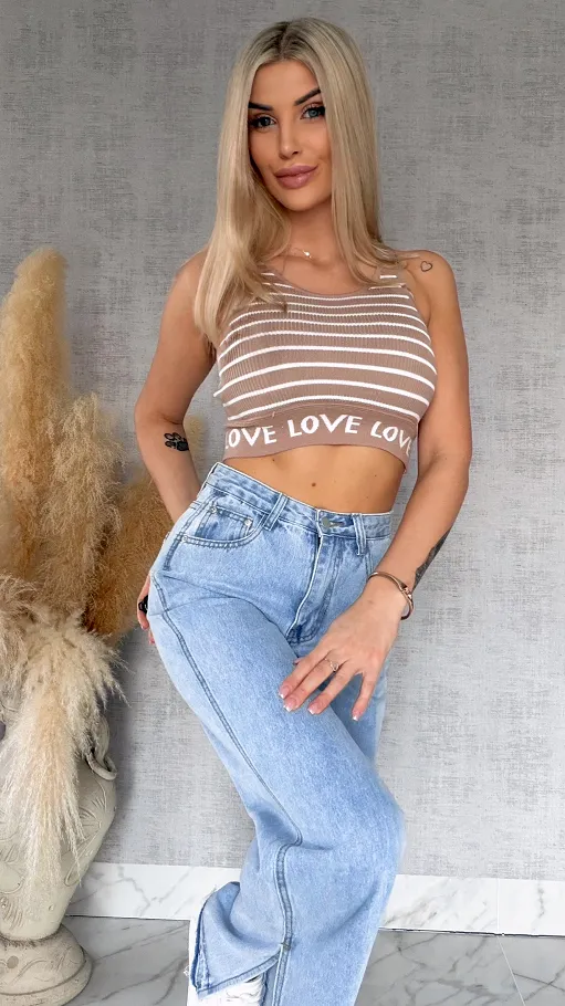 Elastyczny sportowy TOP w paski z wiskozy BEŻOWY - R759A